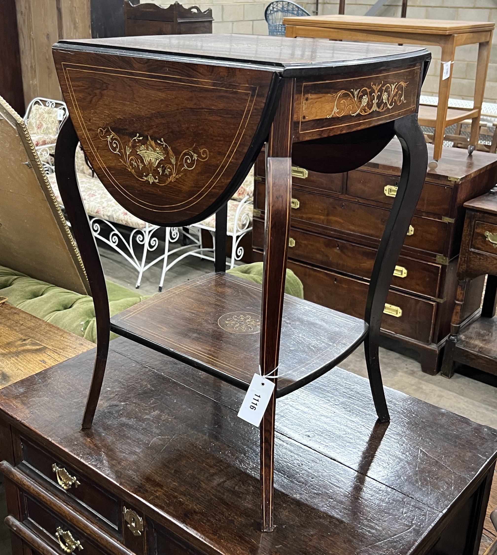 A late Victorian marquetry inlaid rosewood drop flap occasional table, width 47cm, depth 43cm, height 71cm